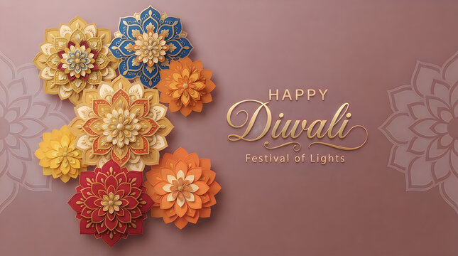 Top view of colorful paper flowers arranged on a brown background with a happy diwali greeting text