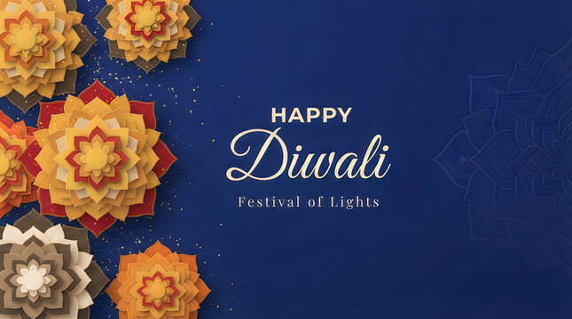 A festive diwali greeting card design featuring intricate golden mandala patterns on a deep blue background with text