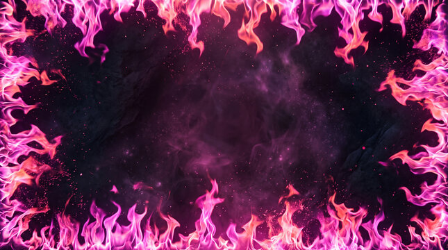 Vibrant purple flames forming a glowing rectangular border around dark smoke with bright floating embers