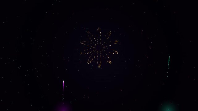 Abstract colorful fireworks bursting and exploding celebration night sky motion graphics seamless loop animated background