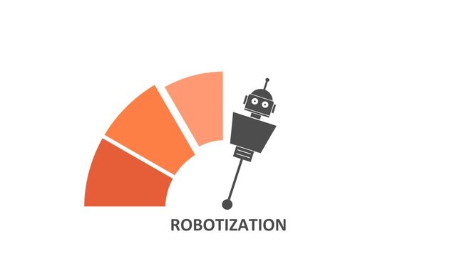 A semicircle segmented gauge with a robot icon as pointer reads ROBOTIZATION. It fits automation, robotics, machinery, artificial intelligence, industry, production, innovation and future themes.