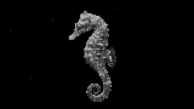 Seahorse silhouette formed by white halftone dots on black