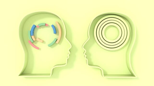 Two facing head silhouettes with different thought patterns: scattered arcs versus concentric circles. Mindset contrast, perception, mentality, psychology, individuality, empathy, understanding.