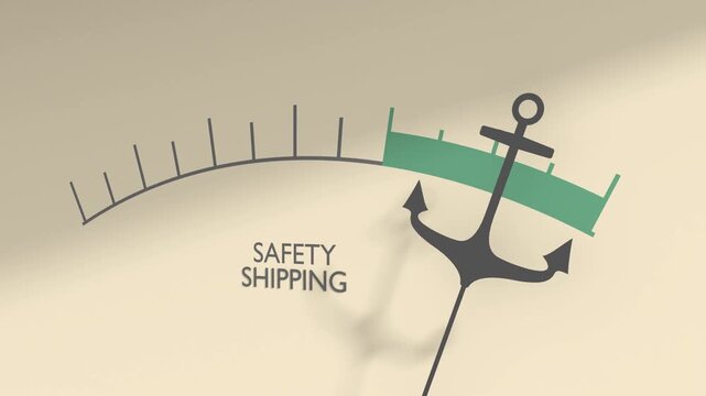 A dial scale with tick marks and a highlighted zone uses an anchor icon as pointer and reads SAFETY SHIPPING. It presents maritime transport, cargo, logistics, security, protection and trust.