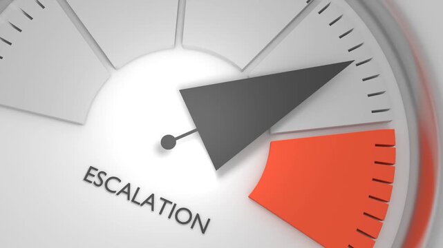 Escalation meter showing big levels. Dangerously increasing high values of escalation, critical overload. Too much, off the charts. Politic and social concept.