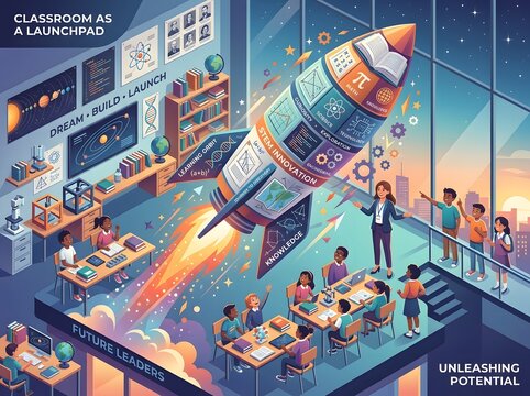 Classroom as launchpad illustration with teacher, students and rocket