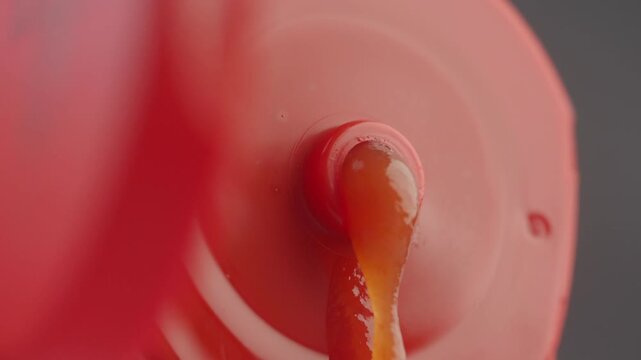 Ketchup pouring slowly from red bottle cap close up motion