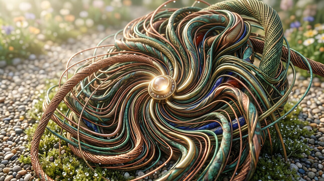 Intricate abstract sculpture featuring metallic coiled wires surrounding glowing center point resting upon textured stone ground