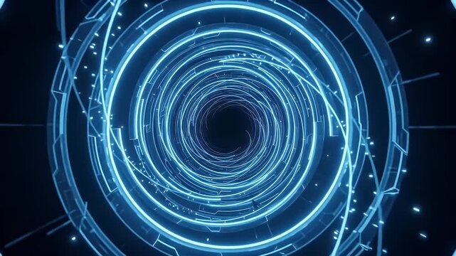 Futuristic blue digital tunnel with glowing neon light rings, abstract high-tech wormhole motion background, cinematic scifi data vortex for cyber security and information technology videos