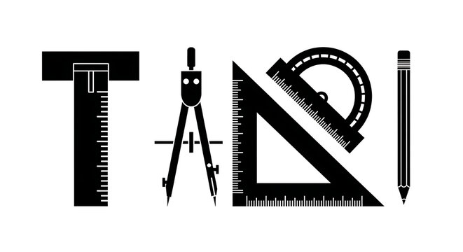 Set of black drafting and engineering tools including a t-square compass protractor and pencil