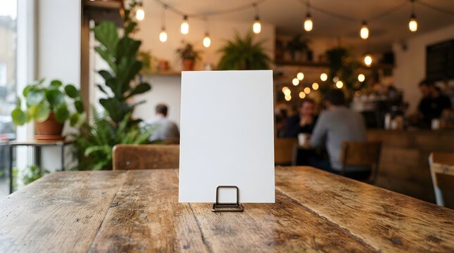 Blank white menu card mockup on rustic wooden table in cozy cafe with blurred warm background