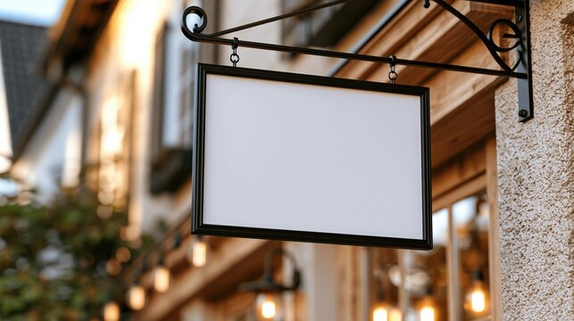 Empty white shop sign hanging on black metal