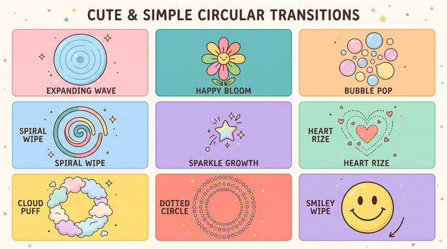Cute and simple circular transitions collection featuring colorful vector icons for modern video editing project designs