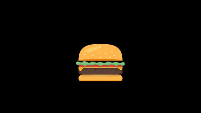 Clean 2D vector motion graphic showing the fun assembly of a delicious fast-food burger dropping into place one by one with a bouncy scale effect on a true alpha channel.