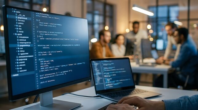 Close-up computer screen backend SQL database query laptop software developer writing code busy office engineers