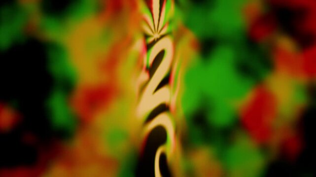 horizontal 3d motion graphics loop of stylized 420 logo with weed leaves and smoke on dark background with chromatic aberration effect volumetric lighting and dynamic noise for cinematic visualization