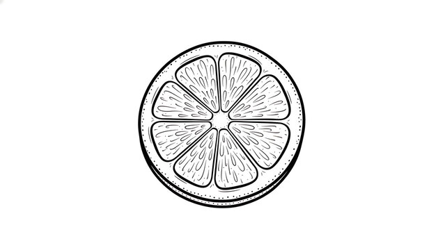 Black and white line art drawing of a sliced lemon fruit