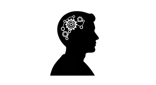 Silhouette of human head profile showcasing brain with interconnected neural network nodes for cognitive science