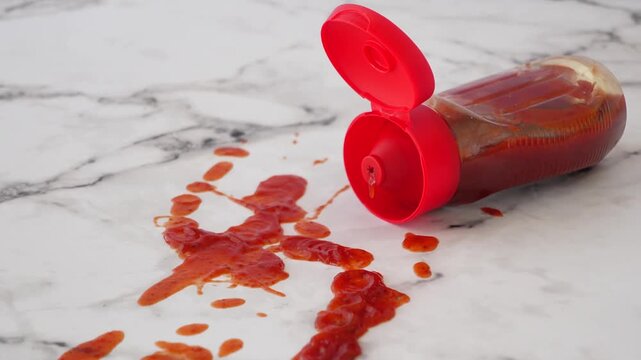 Ketchup spilling from bottle onto white marble background, red sauce mess on counter, close up messy kitchen surface with condiment