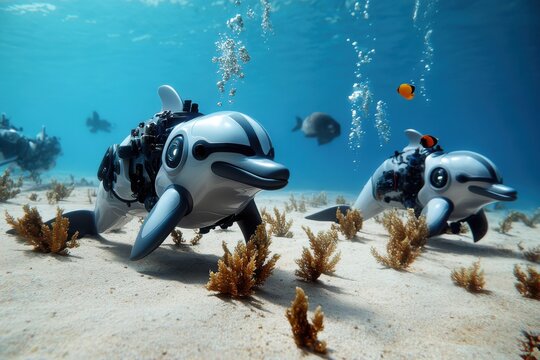 Futuristic underwater robots shaped like dolphins planting new coral on ocean reef restoration
