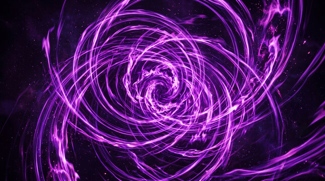 Glowing purple light trails form a vibrant cosmic vortex against a dark and deep space background