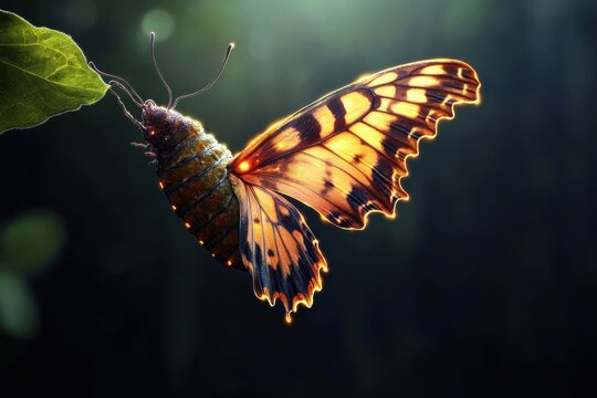 A caterpillar transforming into a butterfly with glowing golden wings in flight