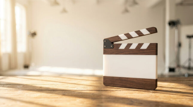 Wooden film slate studio set blank board film production movie set clapper board cinematic tool entertainment prop copy space natural light wooden