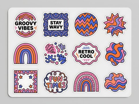 Colorful Retro Groovy Sticker Pack Aesthetic 70s Vibes Hippie Rainbows Abstract Shapes Graphic Illustration for Planner Laptop Decal Stationery Design