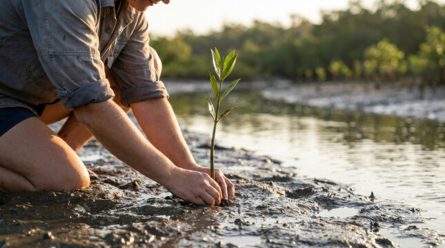 Mangrove planting coastal wetland muddy shore sapling reforestation restoration ecology