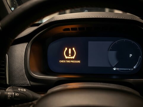 Modern Car Digital Dashboard with Glowing Orange Check Tire Pressure Warning Symbol TPMS Light for Automotive Maintenance Website Banner Concept