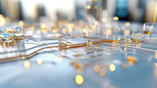 Close up view of circuit board featuring transparent components and glowing lights, showcasing intricate electronic design and technology