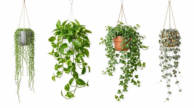 Set of realistic hanging and trailing houseplants in modern pots isolated on white background,