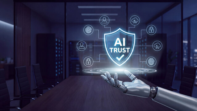 AI trust shield concept building confidence in artificial intelligence reliability and secure machine systems
