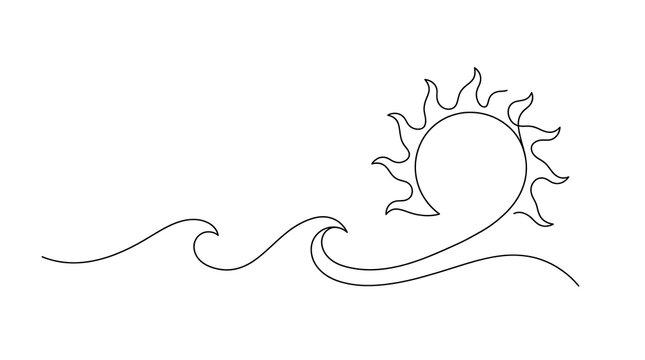 Minimalist Ocean Wave and Sun Continuous Line Art Drawing for Summer Beach Sunset Sunrise Theme Modern Graphic Design Element for Website Banner