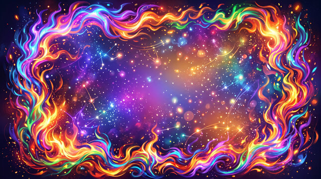 Vibrant rainbow fire flames surrounding a magical cosmic nebula filled with sparkling stars and glowing particles