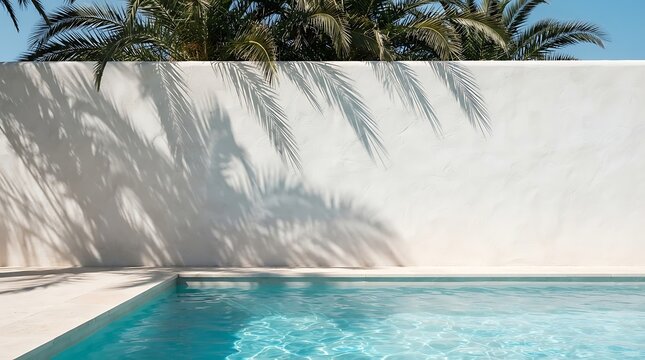 Minimalist Swimming Pool with Tropical Palm Leaf Shadow on White Wall Background for Luxury Travel Resort Banner and Summer Vacation Web Design Concept