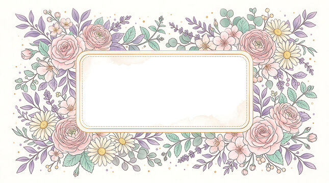 Watercolor floral rectangle frame with soft pink roses and daisies for wedding invitation designs.