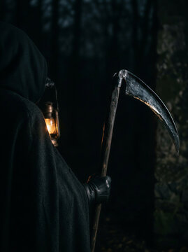 Grim reaper holding lantern and scythe in a dark forest  