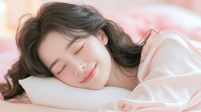 Close-up portrait of beautiful smiling young Asian woman sleeping peacefully in bed on white pillow with glowing fresh skin for beauty skincare wellness sleep concept