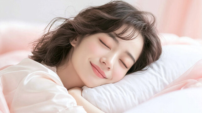 Close-up portrait of beautiful smiling young Asian woman sleeping peacefully in bed on white pillow with glowing fresh skin for beauty skincare wellness sleep concept