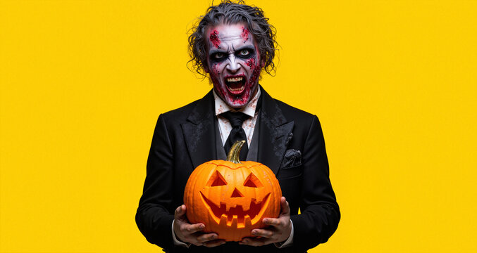 Photo of scary dead man on halloween wearing classical suit and creepy makeup holding carved pumpkin, isolated over yellow background
