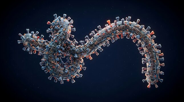 Ebola virus 3D illustration filamentous structure on dark background, dangerous viral infection microbiology pathogen medical science