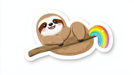 Fototapeta premium Cute sloth sticker design featuring smiling sloth hanging on branch with colorful rainbow. This playful illustration evokes joy and whimsy