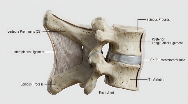 Anatomical side view of cervicothoracic junction showing C7-T1 intervertebral disc, facet joint and ligaments