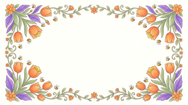 Full floral frame with orange tulips and busy bees for garden themed event invitations.