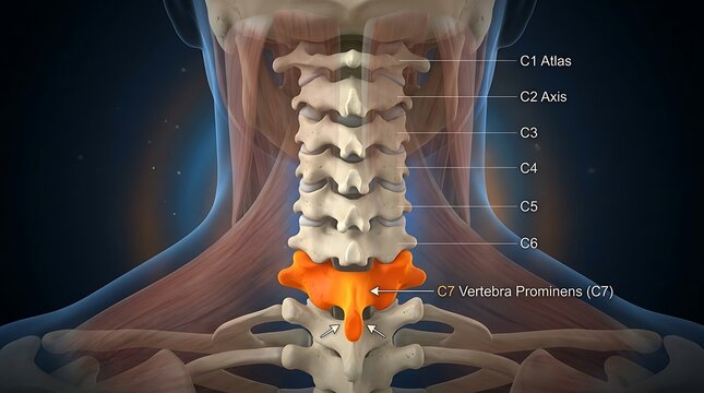 3D medical illustration of human cervical spine C7 highlighted orange, neck anatomy concept