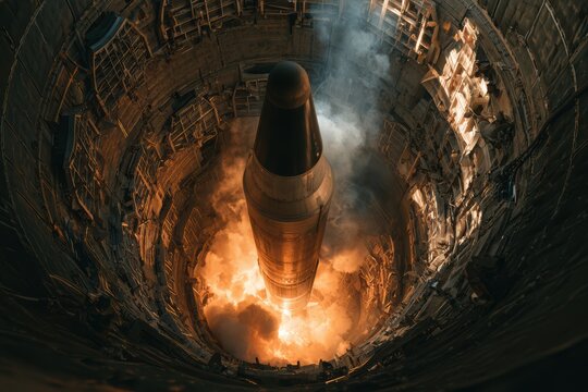 Missile launching from an underground bunker, releasing smoke and fire