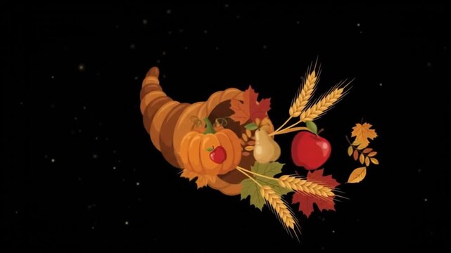 Thanksgiving Cornucopia horn filled with autumn harvest pumpkins, apples, grapes, and wheat animation
