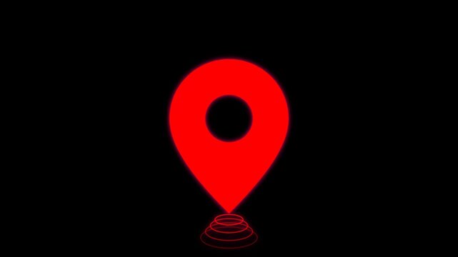 Red Glowing Location Pin Navigation Marker Symbol on Black Background for Travel Map Destination Tracking Digital Animation