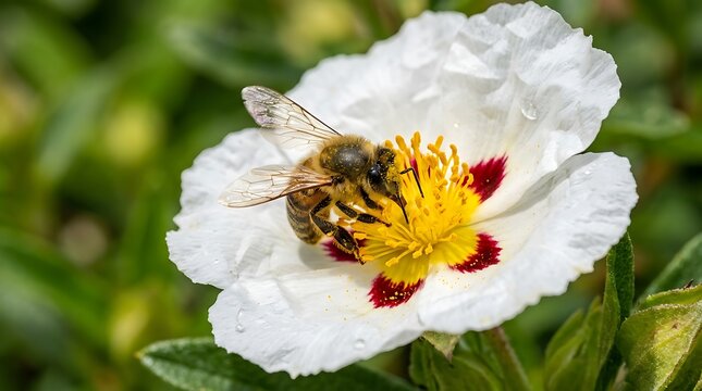 Honeybee pollinating white cistus flower with yellow center, closeup macro of bee collecting nectar and pollen in garden